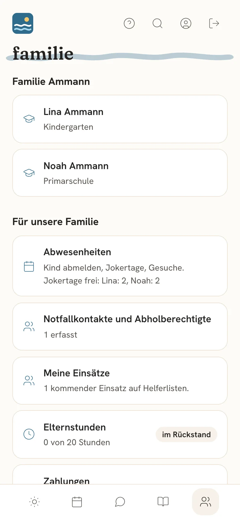 Familienseite mit Elternstunden und Einsätzen