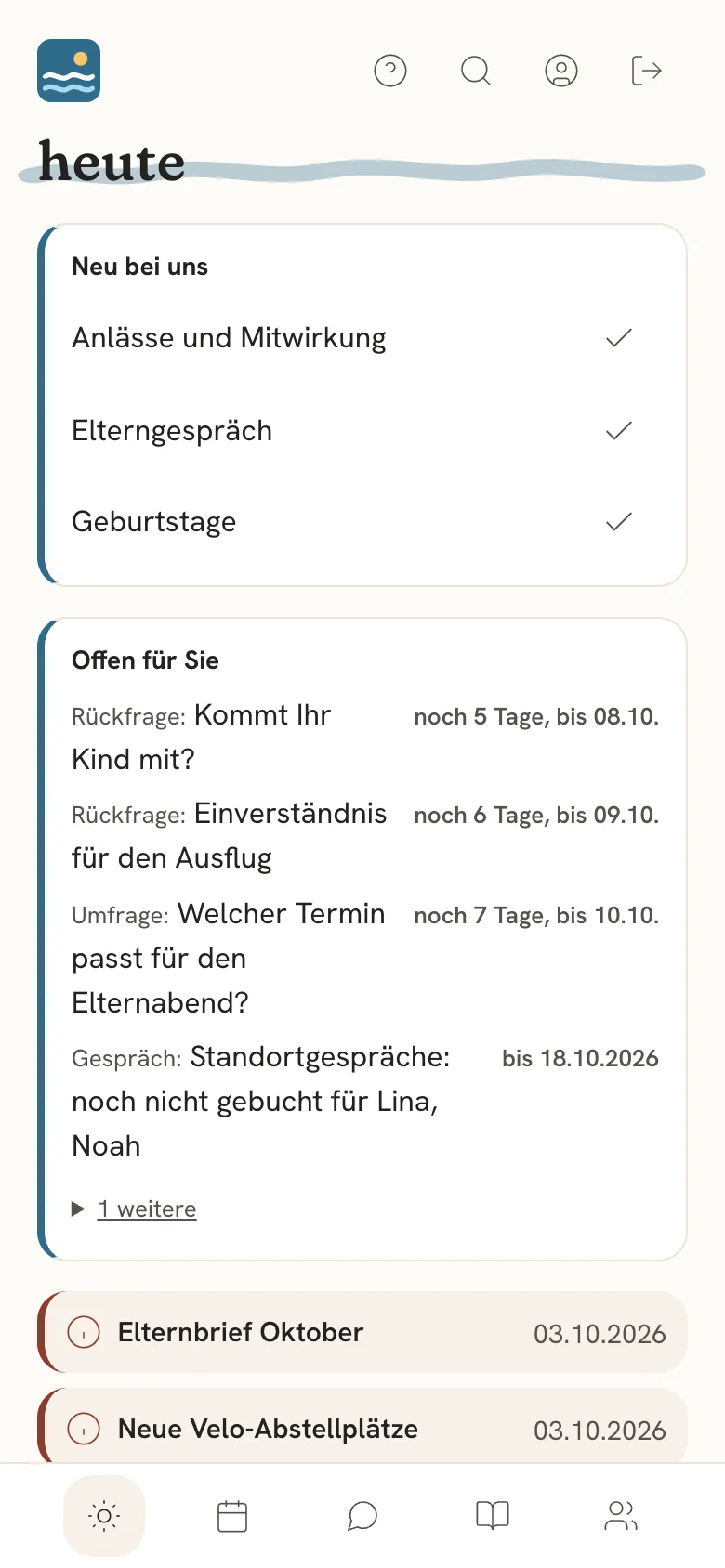 Heute-Ansicht für Eltern mit der Box «Offen für Sie»