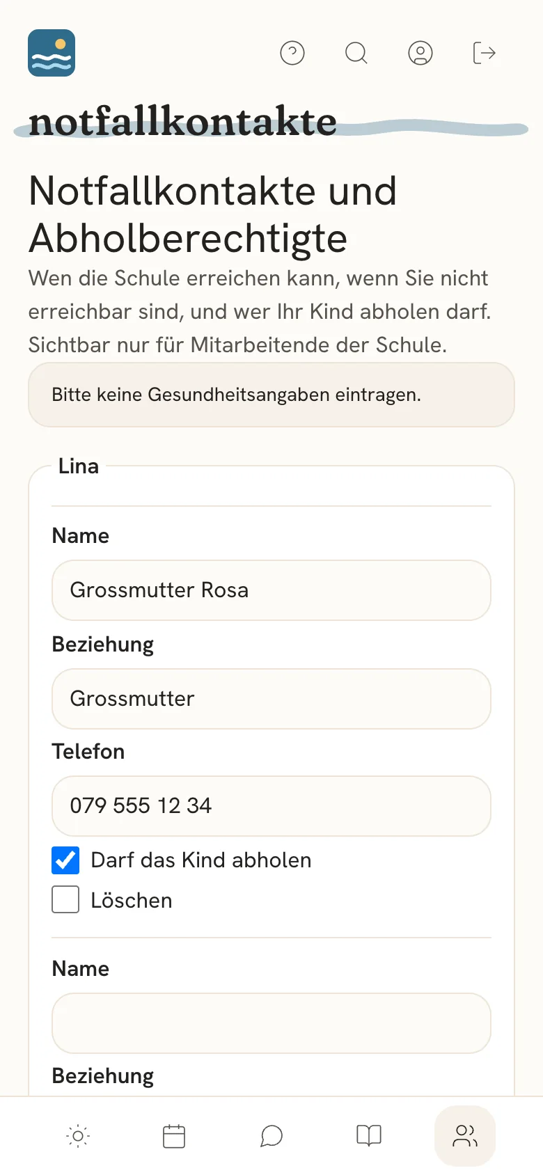 Notfallkontakte und Abholberechtigte pro Kind