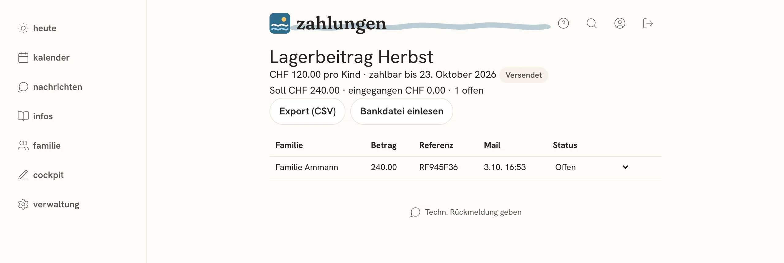 Übersicht einer Zahlungsaufforderung für den Lagerbeitrag